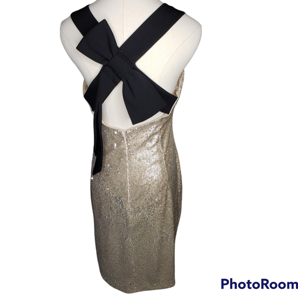 Badgley Mischka micro gold sequin sheath cocktail dress black cross bow … - Picture 5 of 7